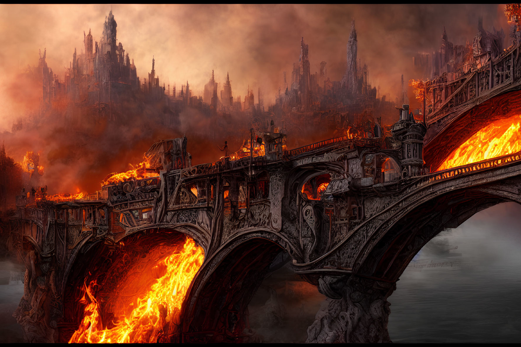 Fantastical landscape with lava river, stone bridge, and gothic city in flames