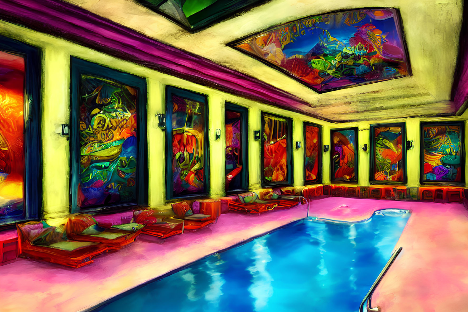 Colorful Indoor Pool Area with Eclectic Art and Plush Seating