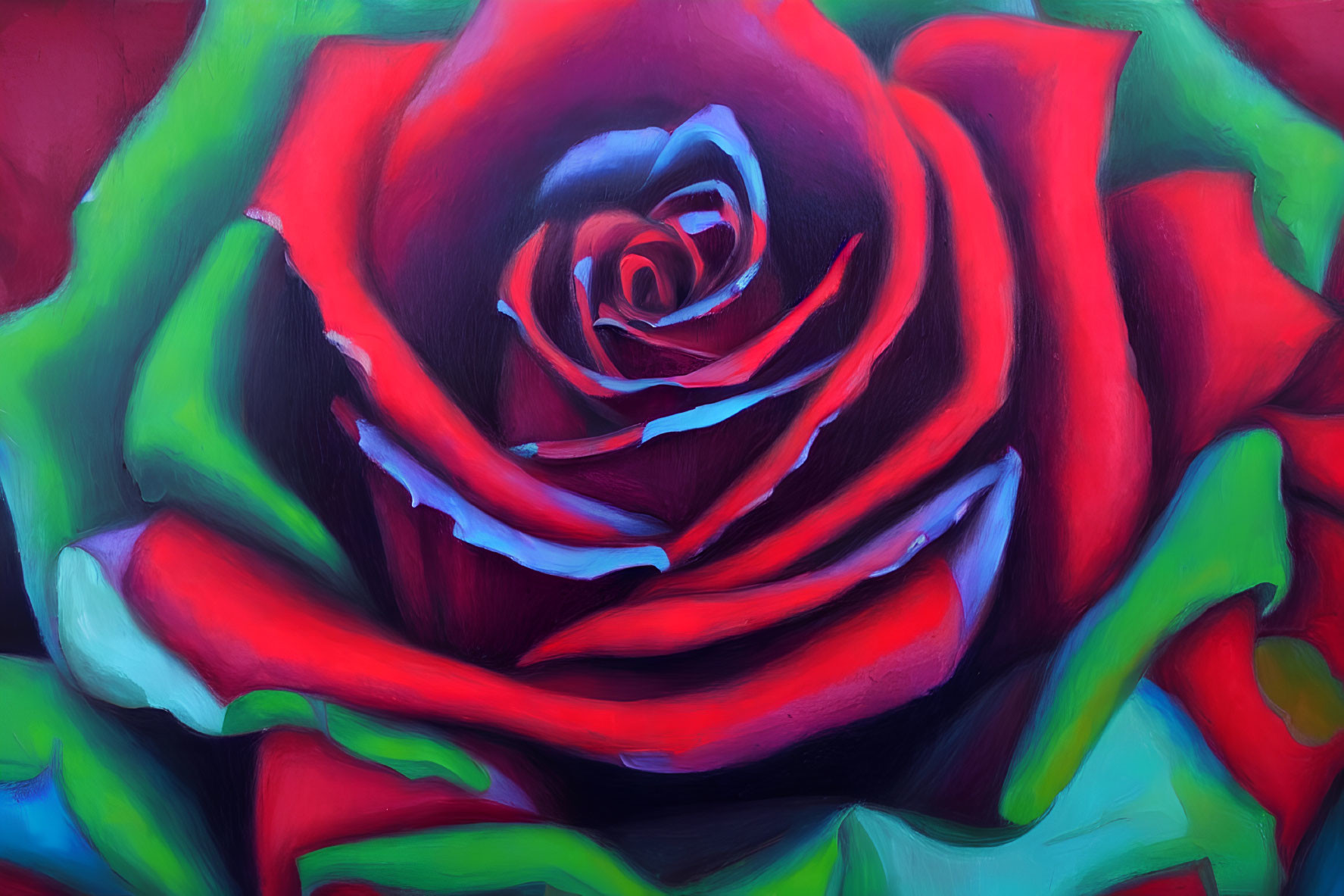 Detailed close-up painting of a red rose with rich colors and white highlights