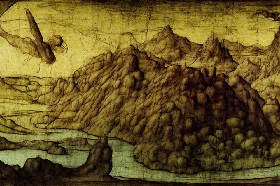 Sepia-Toned Sketch of Mountainous Landscape with Water and Bird