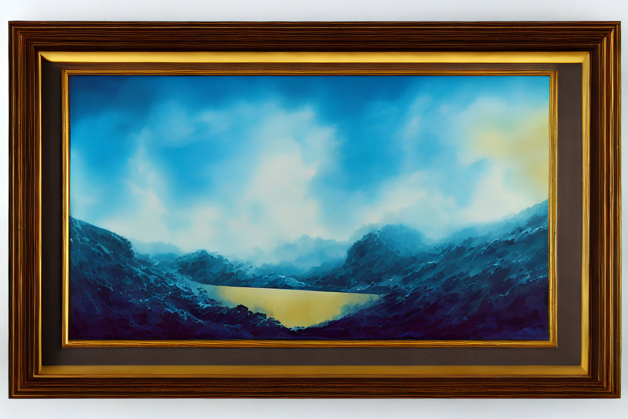 Framed landscape painting of misty blue mountains and calm lake