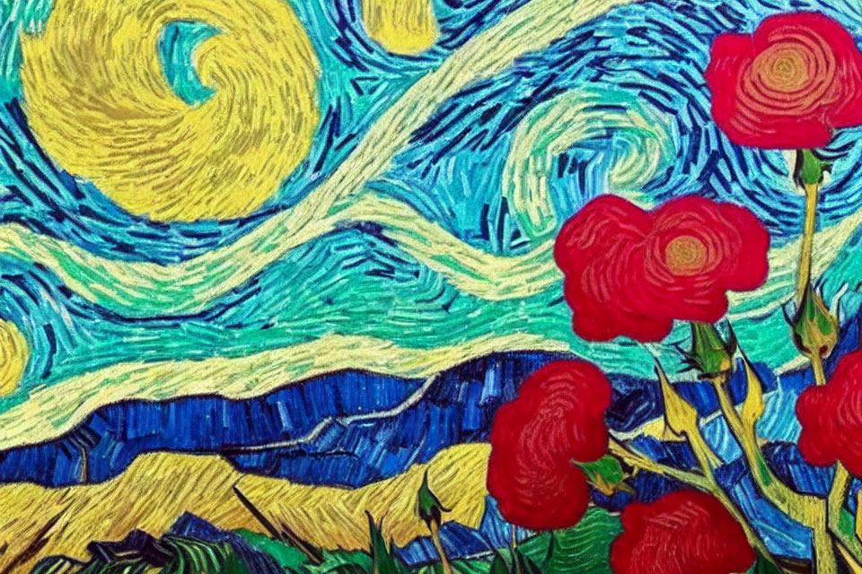 Colorful swirling sky, blue waves, red flowers - reminiscent of Starry Night.