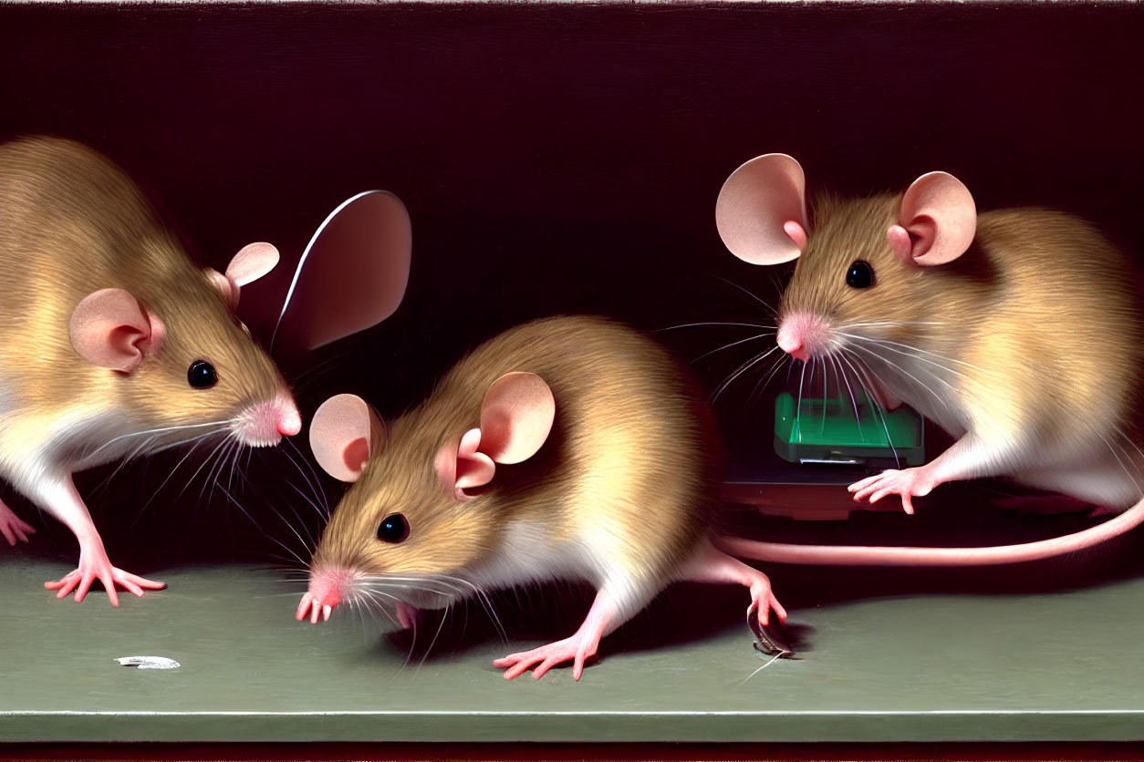 Realistic mice with large ears and long tails exploring small green device on wooden surface