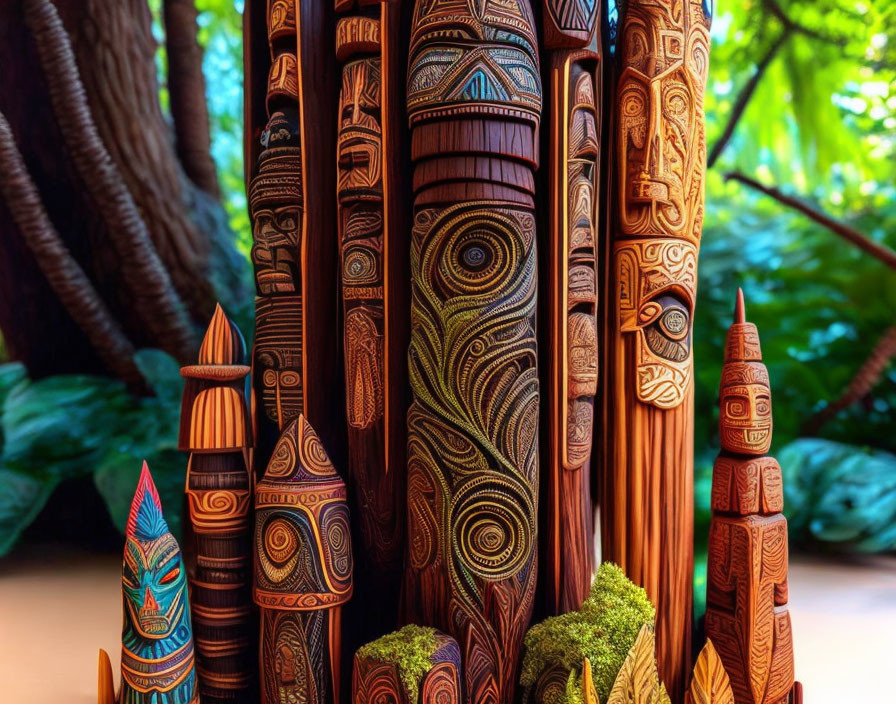 Colorful wooden totem pole sculptures with intricate patterns, set in lush green foliage