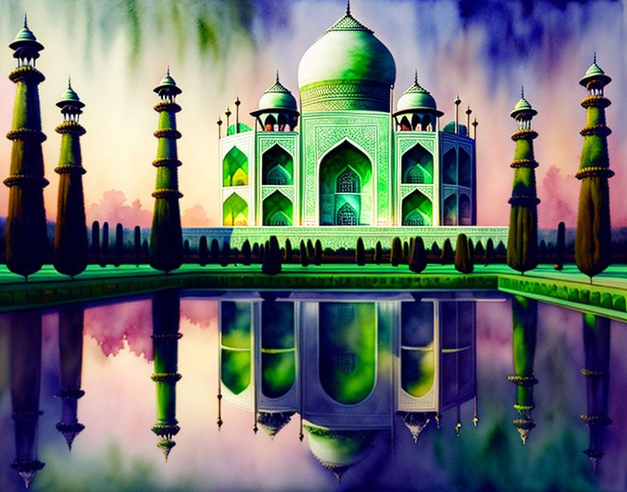 Colorful Taj Mahal painting with reflection in water