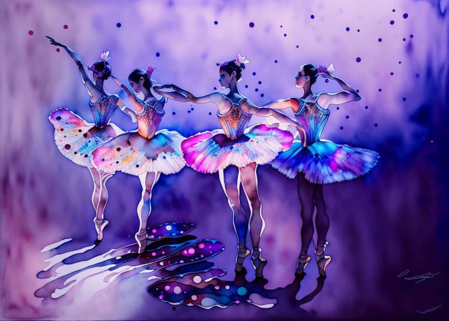 Colorful Ballerinas Dancing Against Purple-Pink Background