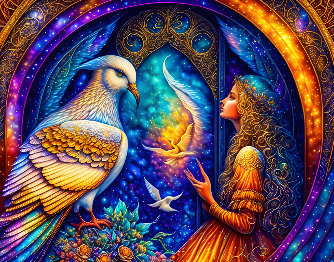 Colorful Artwork: Majestic Eagle, Girl, Doves & Floral Elements