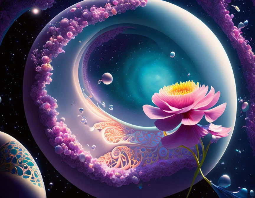 Colorful digital artwork: surreal cosmic scene with blooming flower and celestial bodies