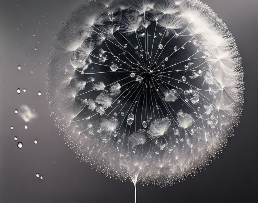 Macro photograph of water droplets on dandelion seeds against gray backdrop