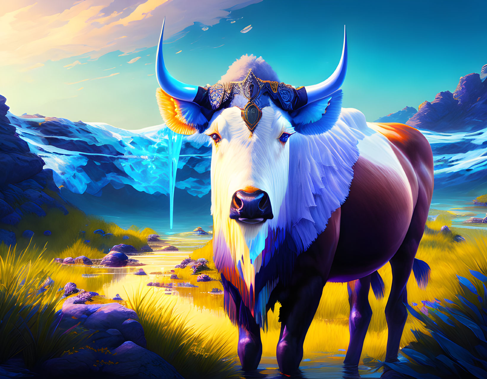 White yak with blue horns in fantasy landscape with waterfall & mountains