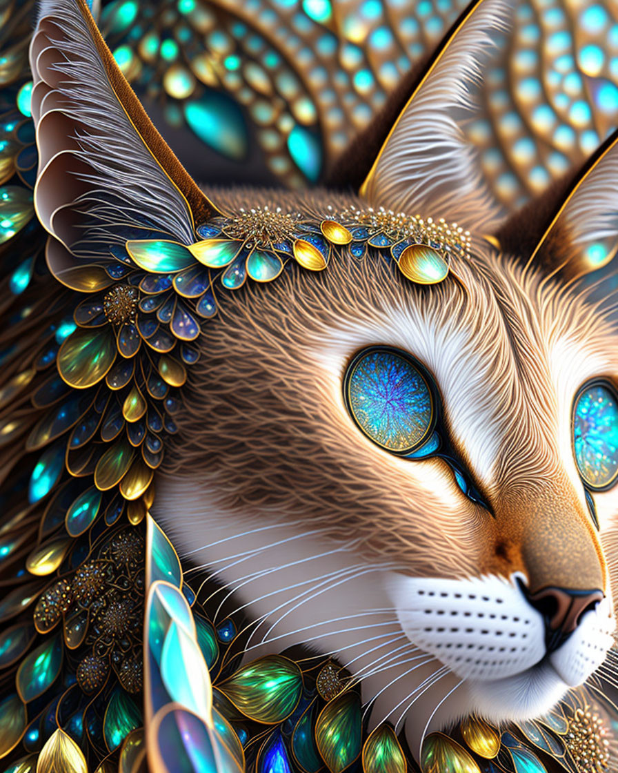 Whimsical cat with iridescent scales and blue eyes on patterned background