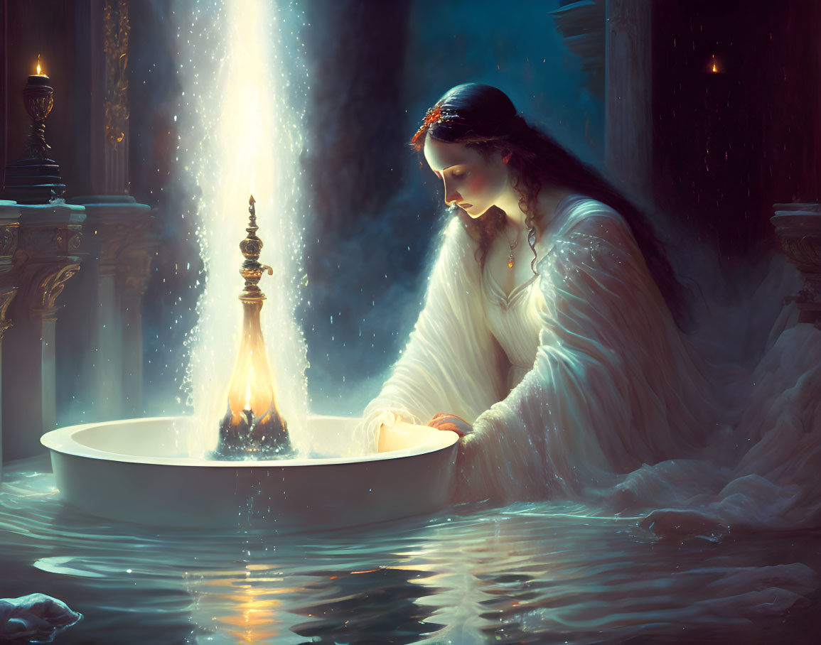 Woman in flowing white gown beside glowing light fountain in tranquil setting