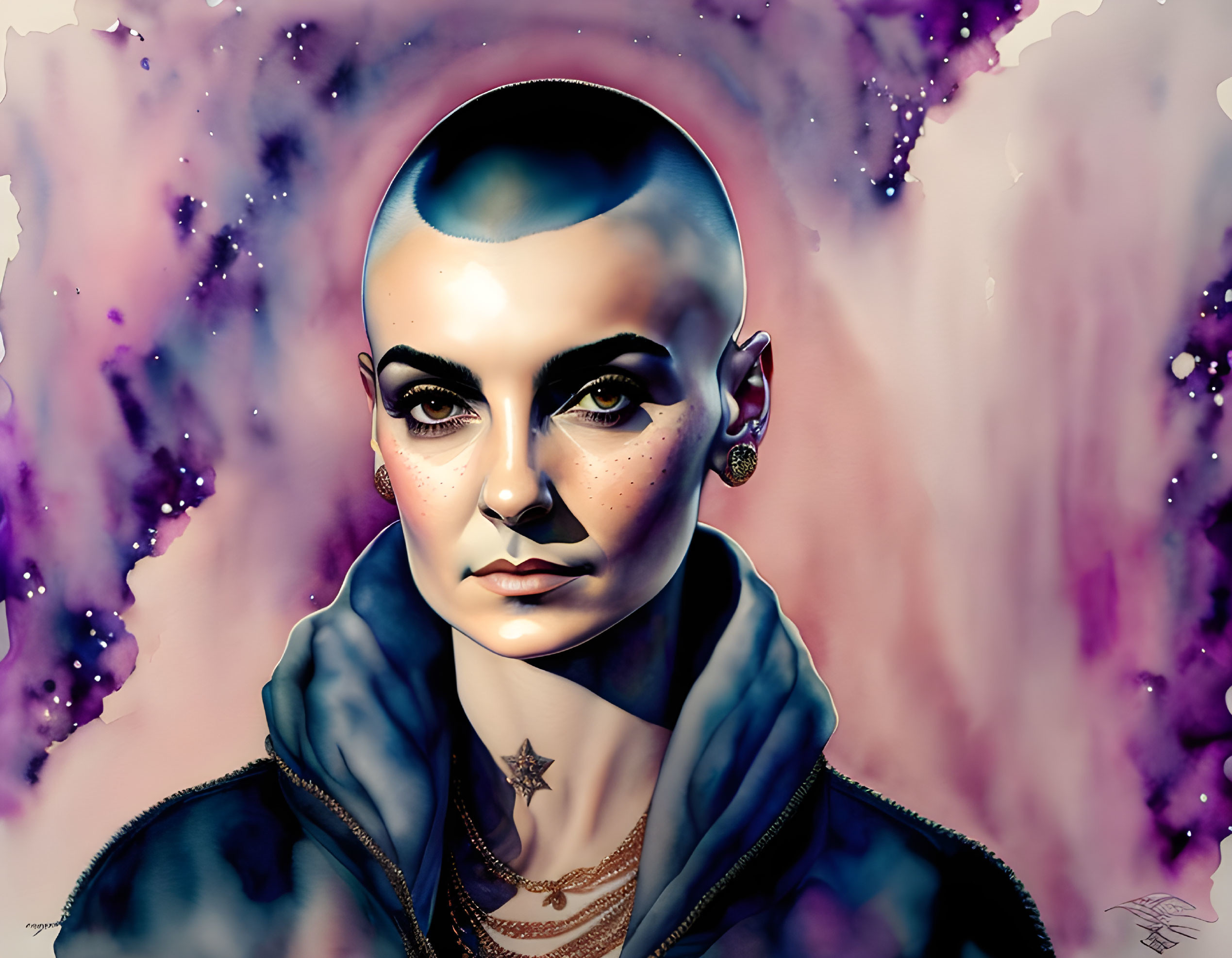 Person with shaved head and piercing eyes in cosmic hoodie art.