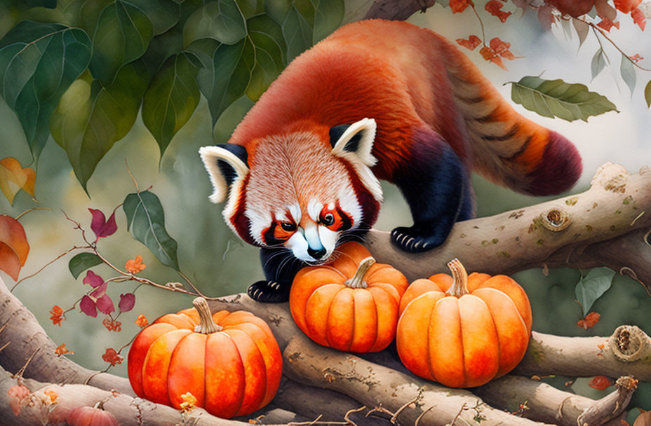 Red panda on tree branch with pumpkins and green leaves