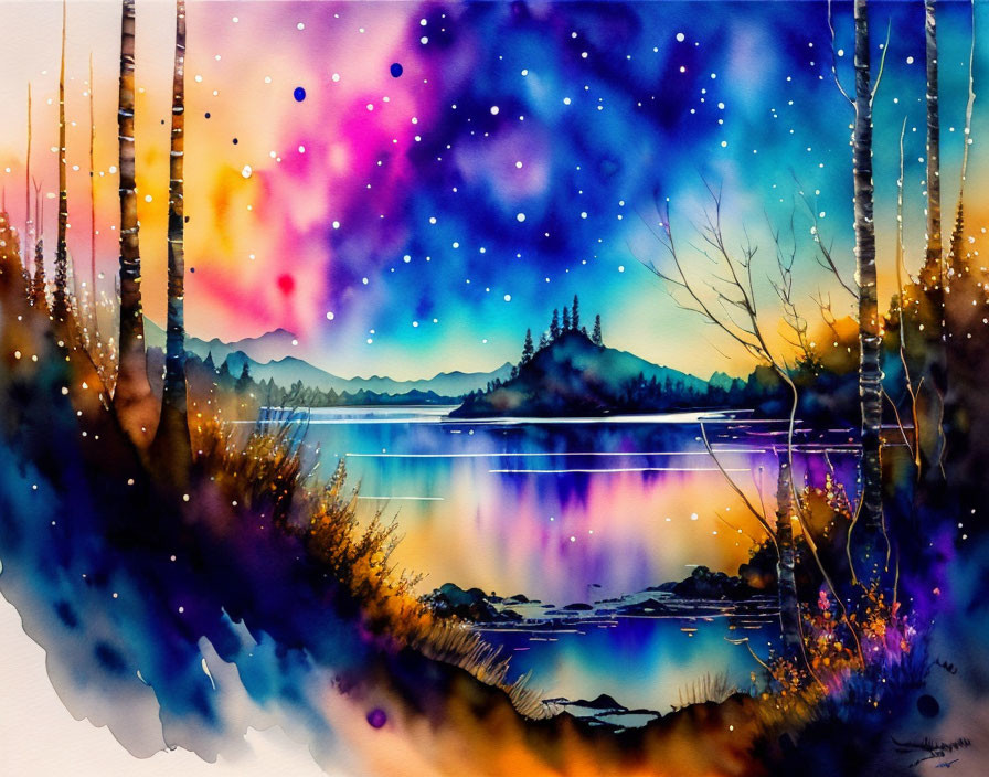 Vibrant watercolor painting of cosmic sky over lakeside landscape