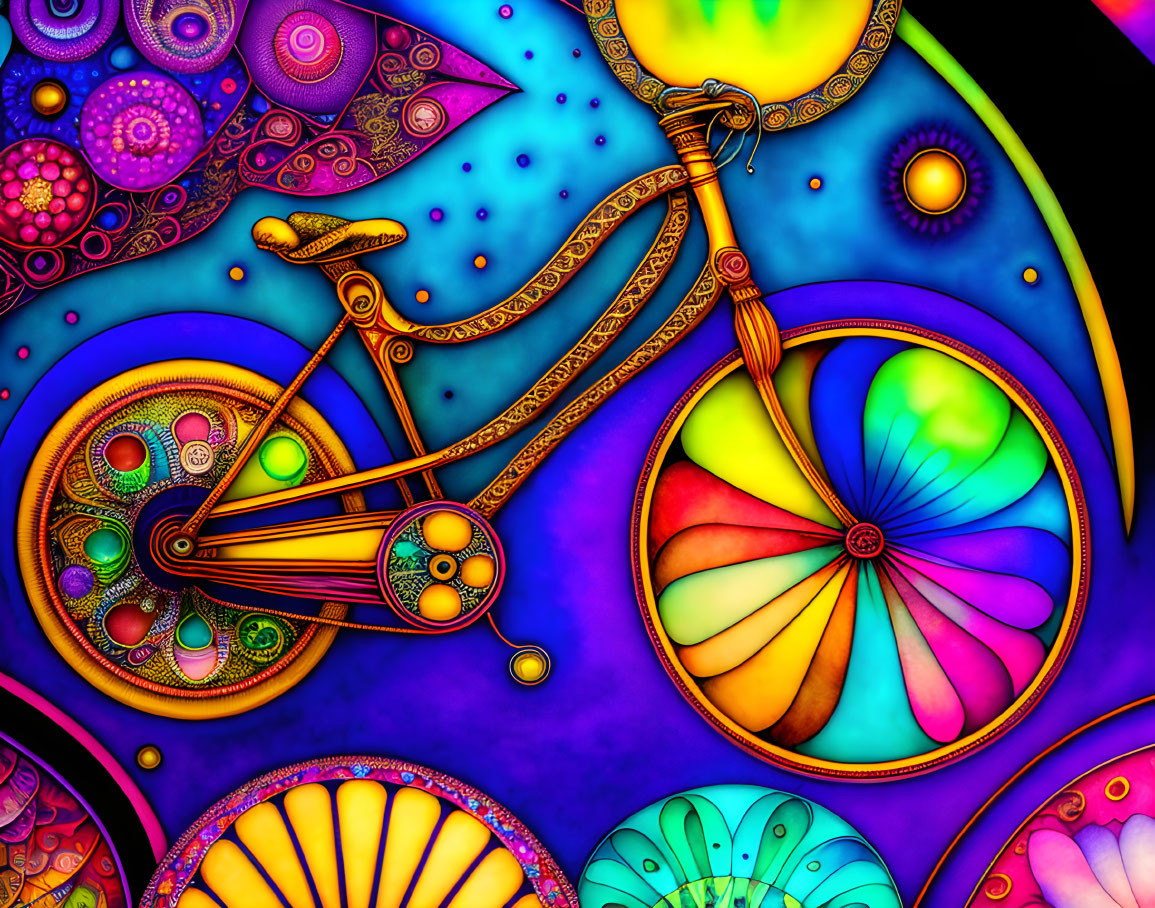 Colorful Psychedelic Bicycle Illustration with Ornate Patterns