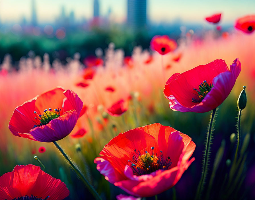 Bright red poppies against city skyline under clear sky