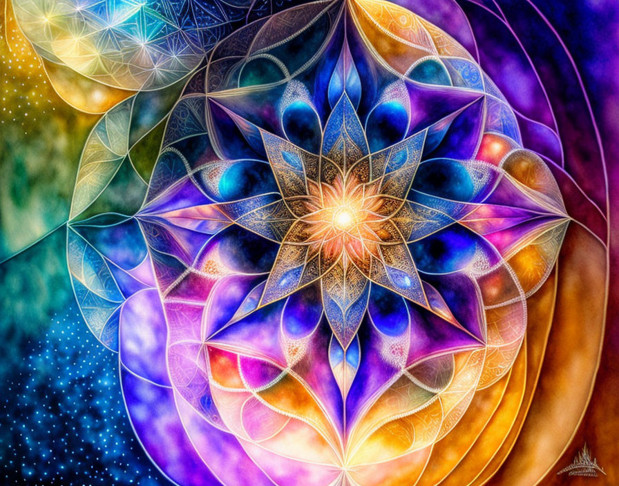 Colorful Geometric Mandala Art on Cosmic Background