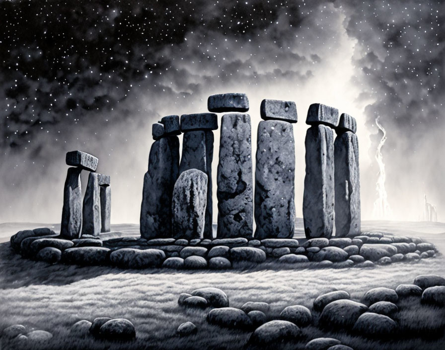 Monochromatic Stonehenge Illustration with Starry Night Sky