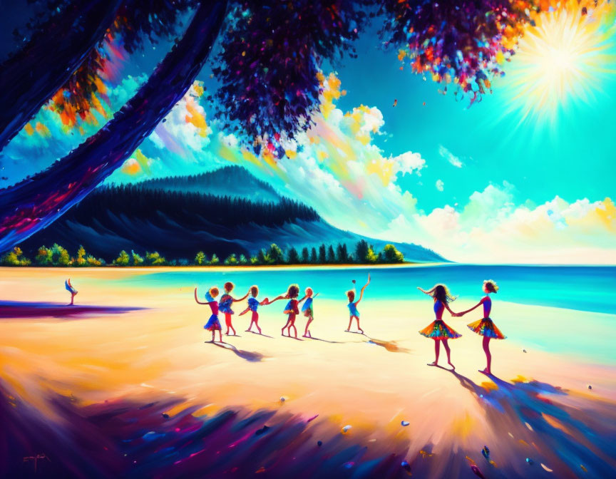 Colorful painting: Children playing ring-around-the-rosie on beach