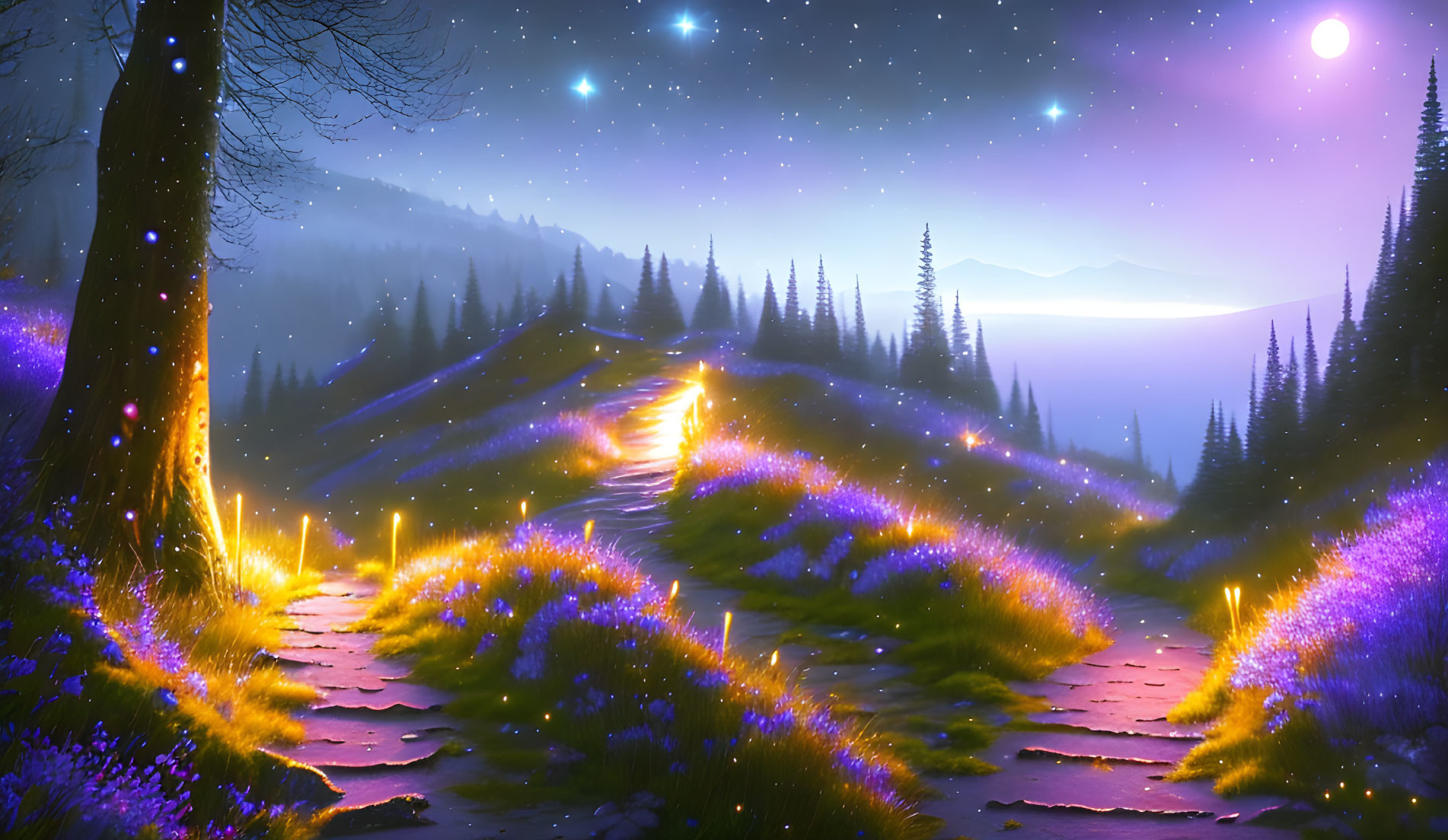 Enchanting night landscape with glowing path through purple flower meadow