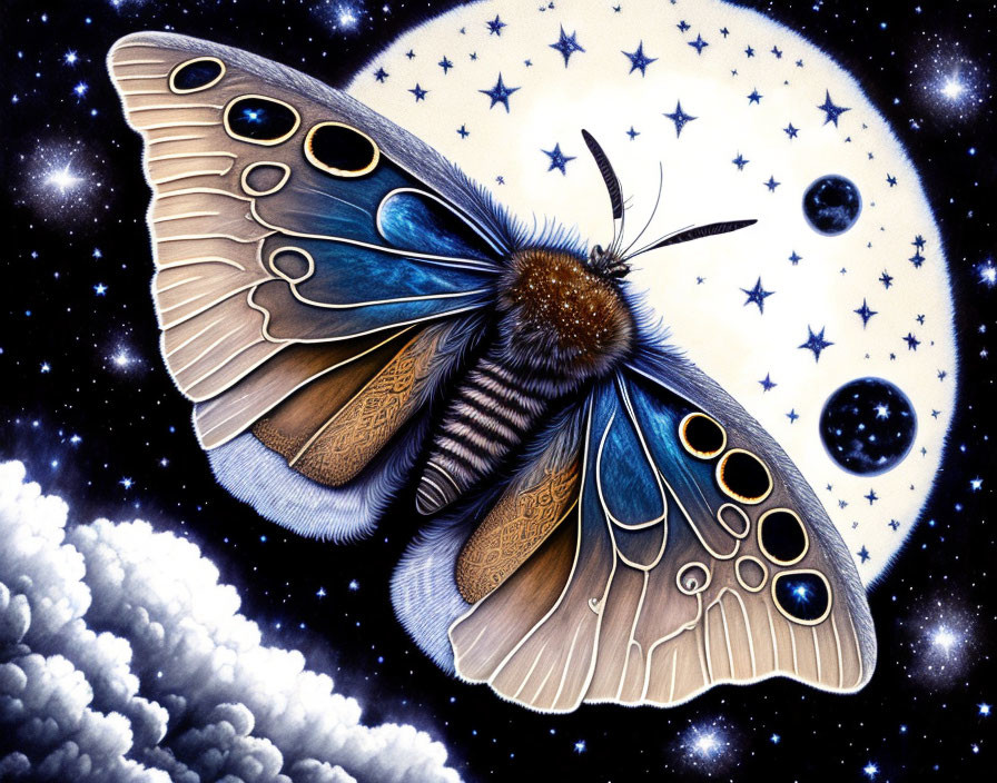 Detailed illustration of moth with intricate wing patterns in night sky.