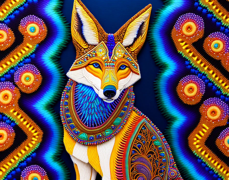 Colorful Fox Illustration with Intricate Patterns and Kaleidoscopic Background