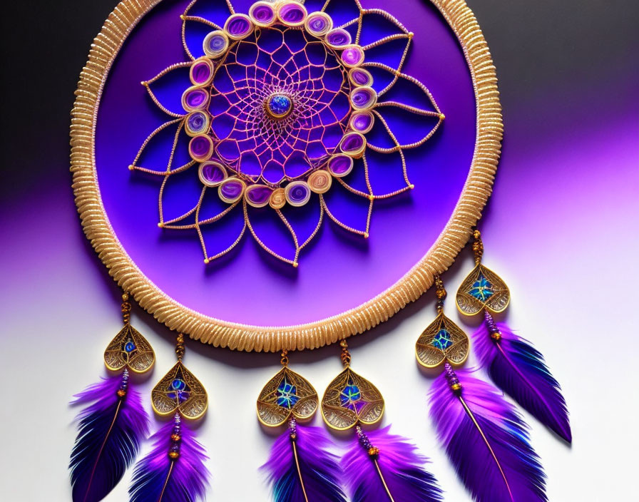 Purple and Gold Dreamcatcher with Beads and Feathers on Purple Background