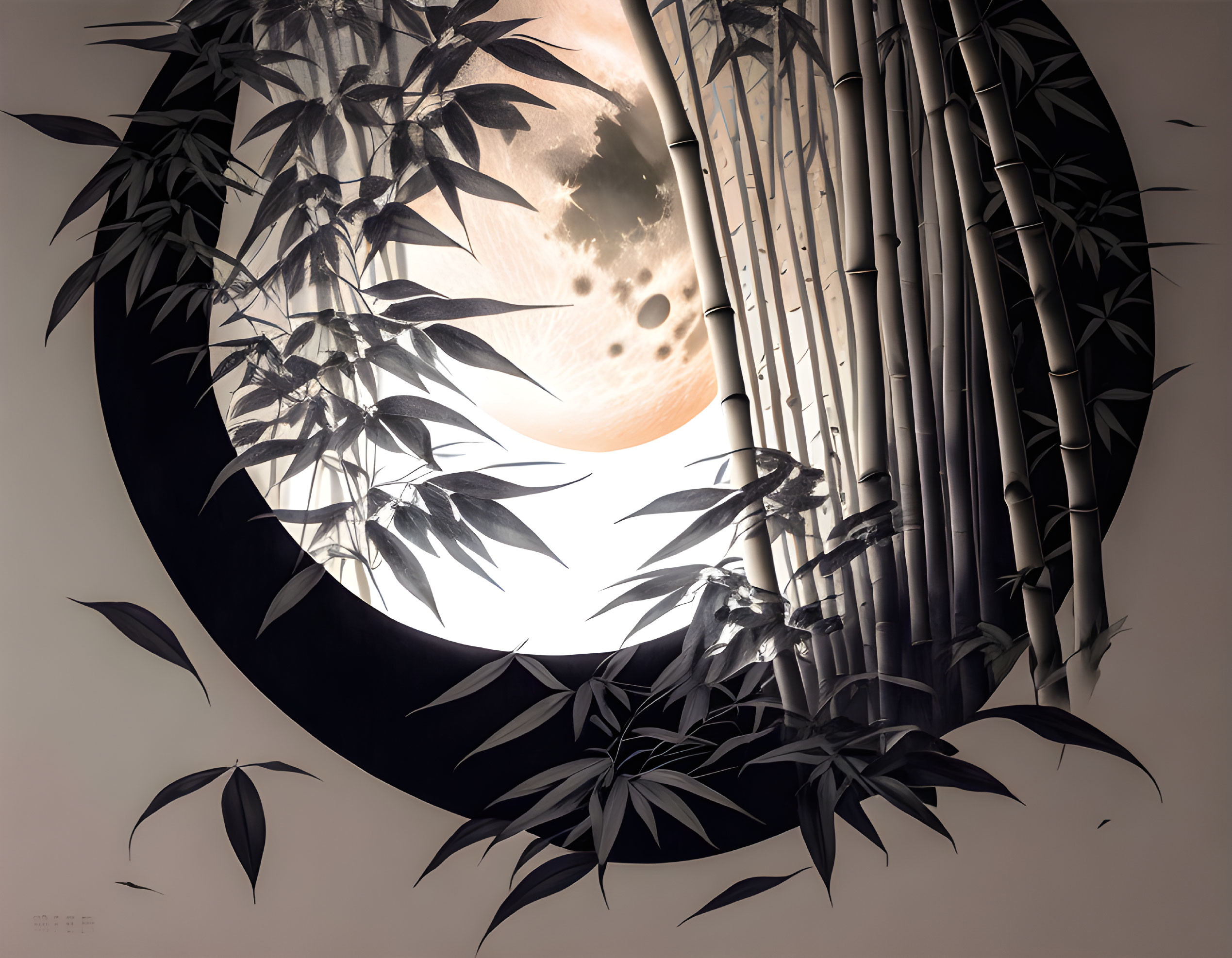 Golden moon through bamboo in serene Asian scene