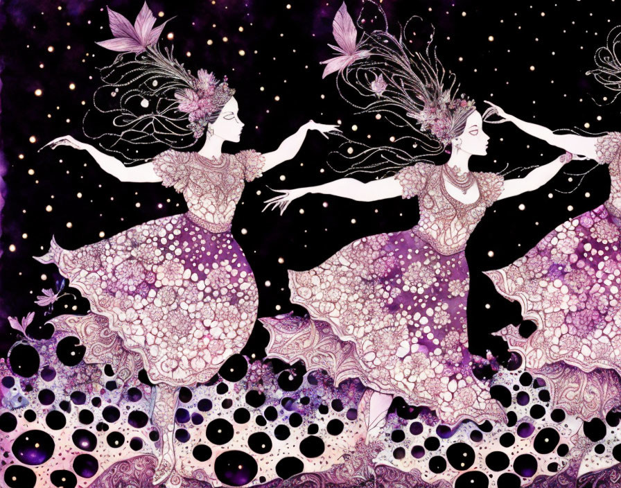 Ethereal women dancing among stars and planets in cosmic setting