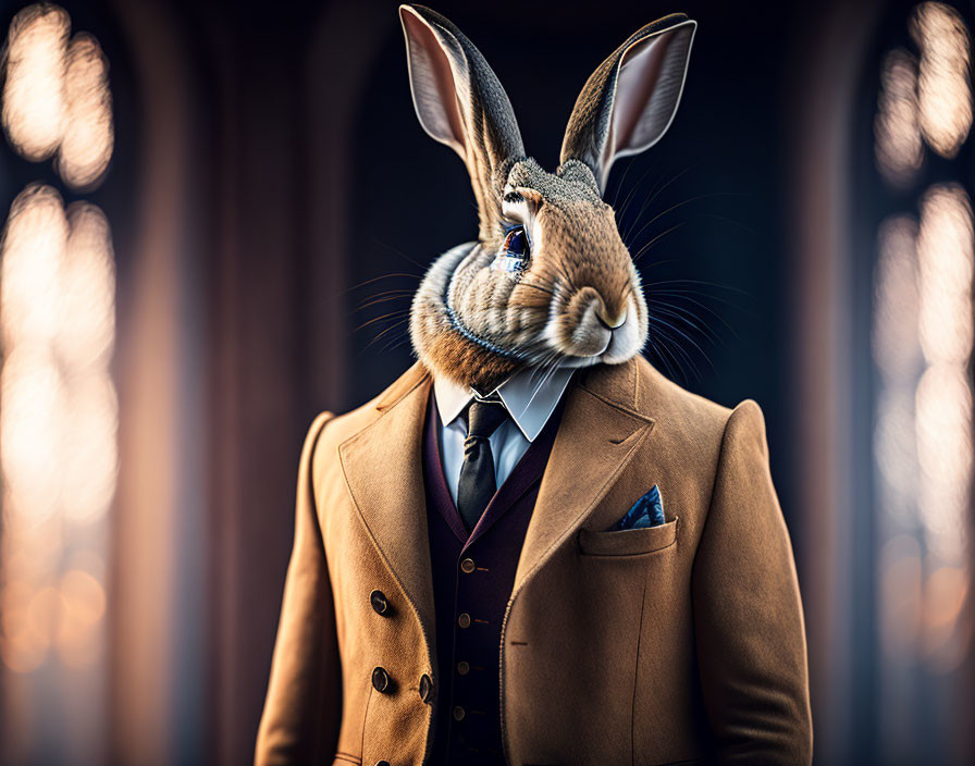 Surreal human body in rabbit-headed suit against architectural backdrop