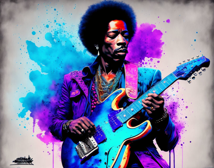 Colorful Guitar Player with Afro Playing Electric Guitar in Paint Splattered Scene