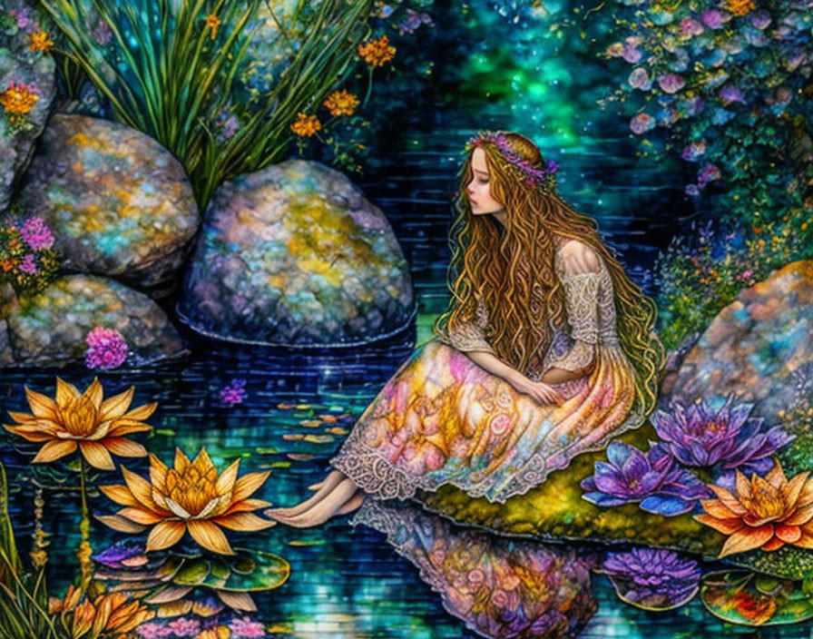 Woman with Long Hair Sitting by Pond in Vibrant, Starry Night Themed Setting