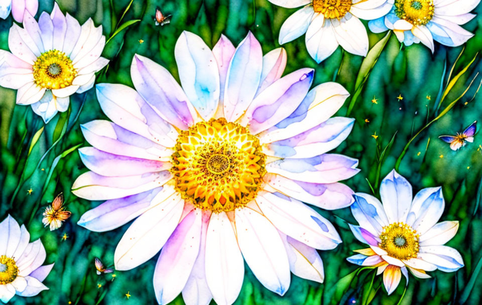 Colorful digital painting of daisies on blue-green background with butterflies and sparkling details