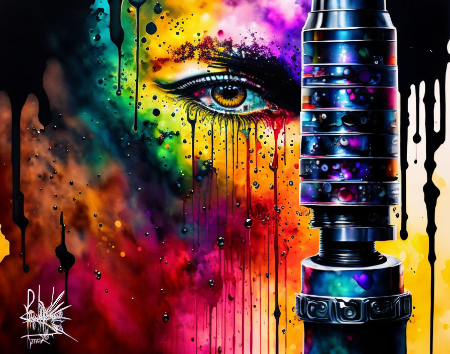 Colorful eye and microphone art with ink drips and splatters