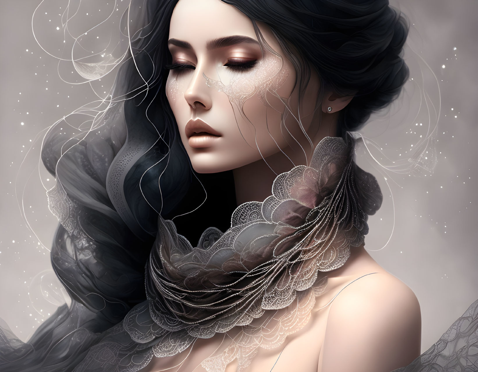 Digital artwork: Woman with dark flowing hair, closed eyes, pale skin, delicate lace, muted background