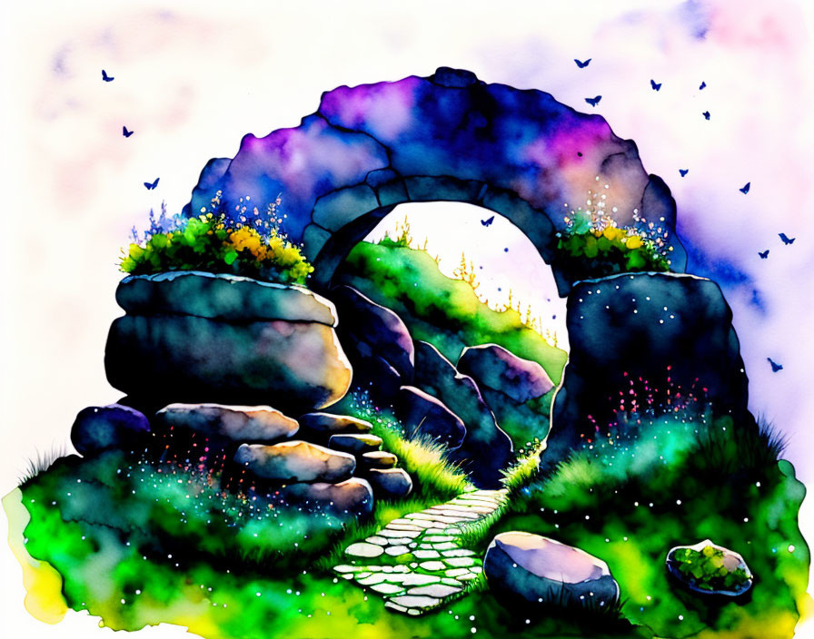 Whimsical stone archway in vibrant watercolor