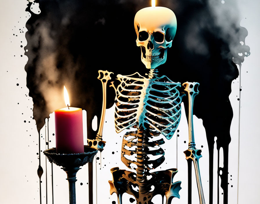 Glowing skull skeleton beside melting candle with dripping wax