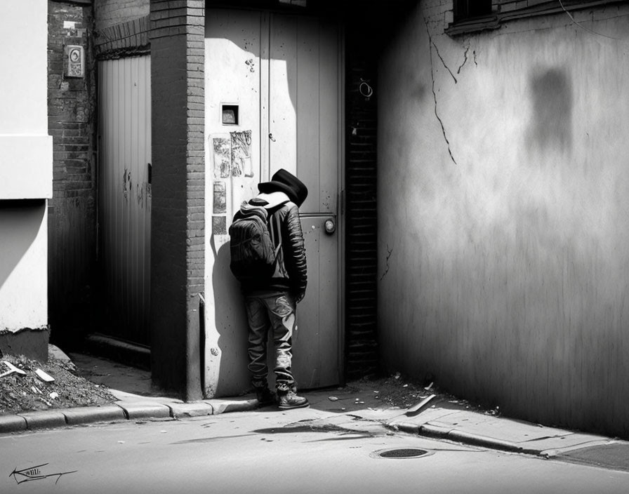 Person in Beanie Peering into Mailbox in Narrow Alley, Black and White