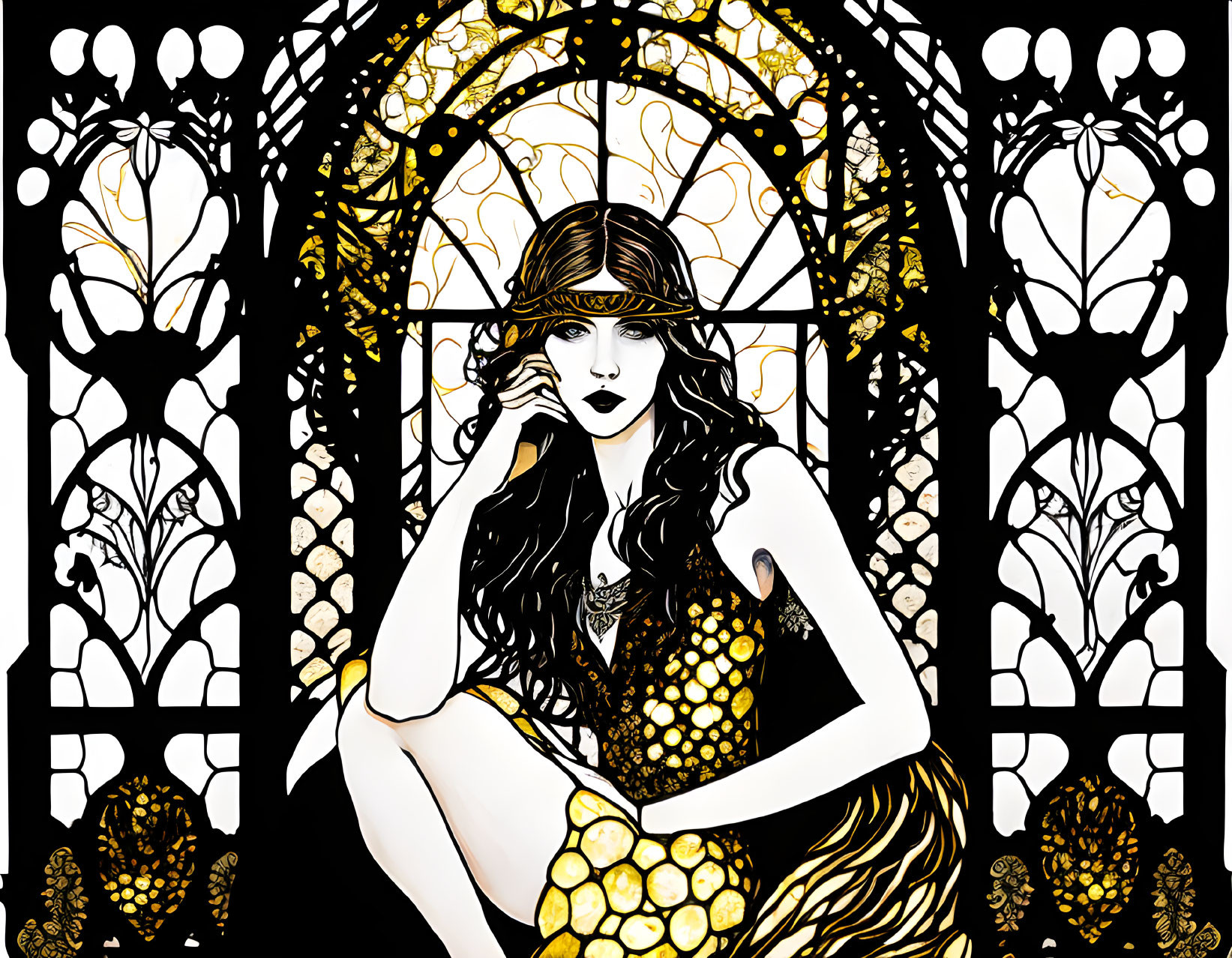 Illustration of woman in 1920s dress by ornate window