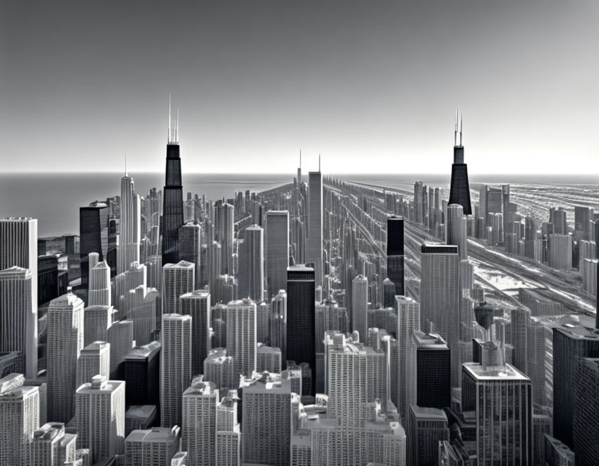 Monochromatic aerial cityscape with skyscrapers and coastline