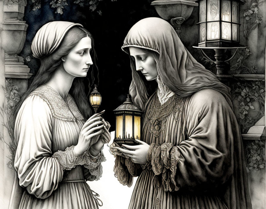 Medieval women holding lantern in grayscale gothic illustration