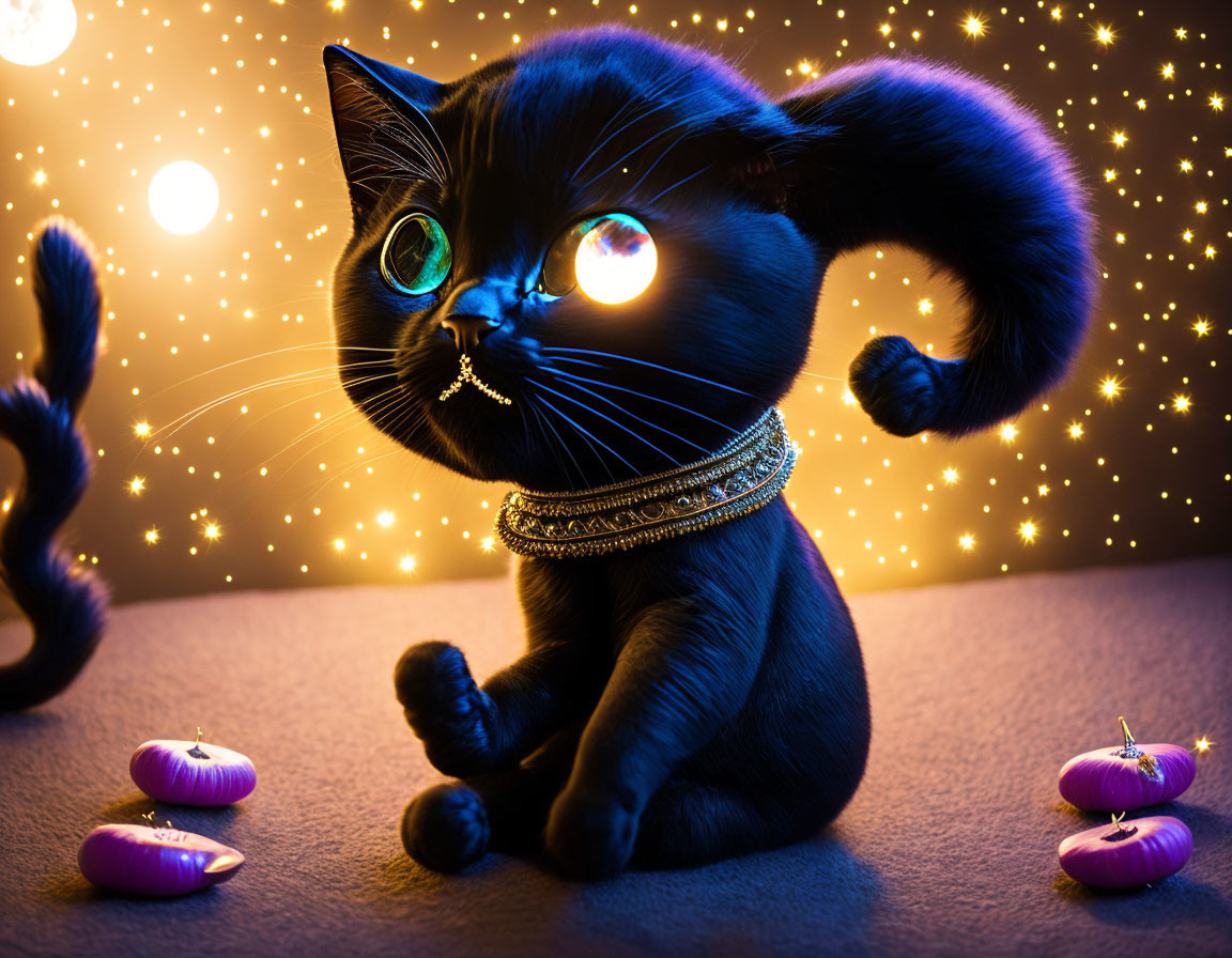 Shiny black cat with turquoise eyes and necklace in starry scene