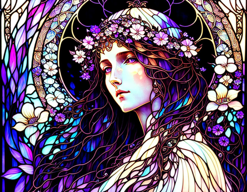 Colorful Art Nouveau Woman Illustration with Floral and Peacock Feather Motifs