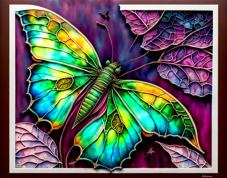 Colorful stylized butterfly surrounded by leaves and insects on dark background