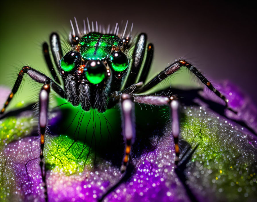 Colorful jumping spider on dew-covered purple leaf with iridescent green eyes.