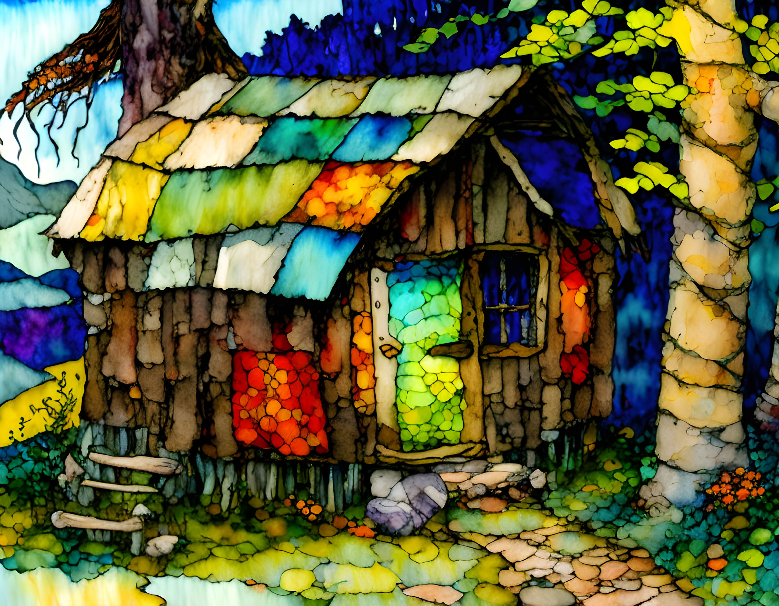 Colorful stained-glass style cottage illustration with tiled roof and lush greenery.