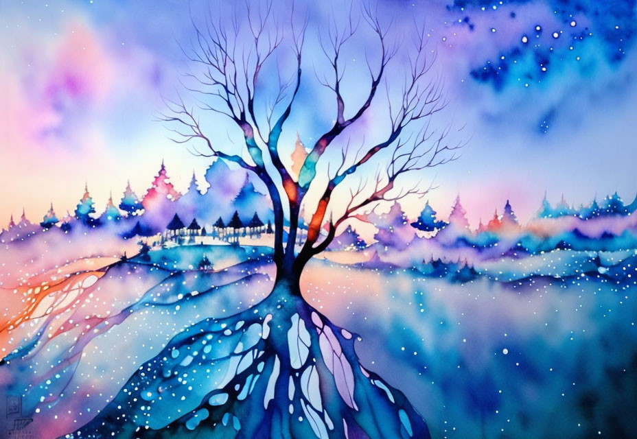 Colorful Watercolor Painting of Leafless Tree & Dreamlike Landscape