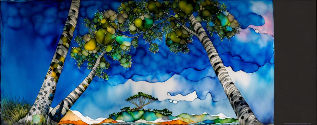 Vibrant abstract trees in panoramic artwork