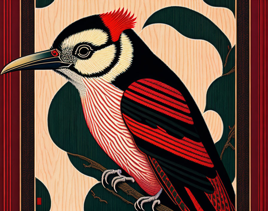 Illustrated Red, Black, and White Bird on Branch with Long Beak